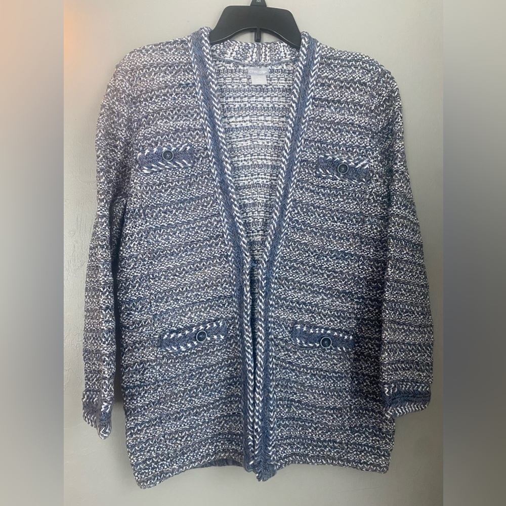Chico's Blue and White Knit Cardigan